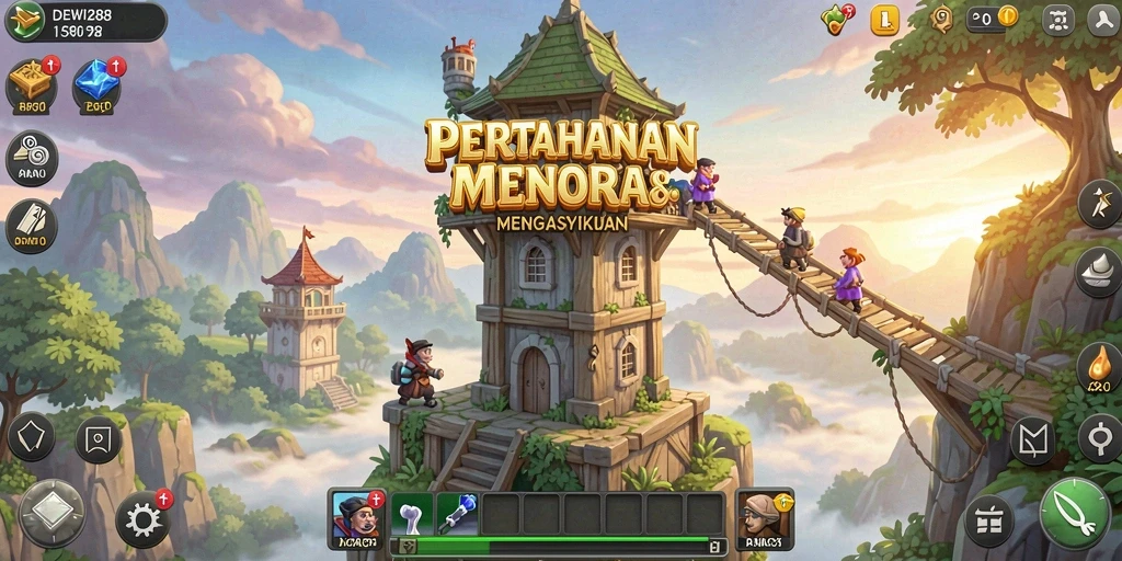 Tampilan gameplay DEWI288 dengan menara dan musuh yang beragam.