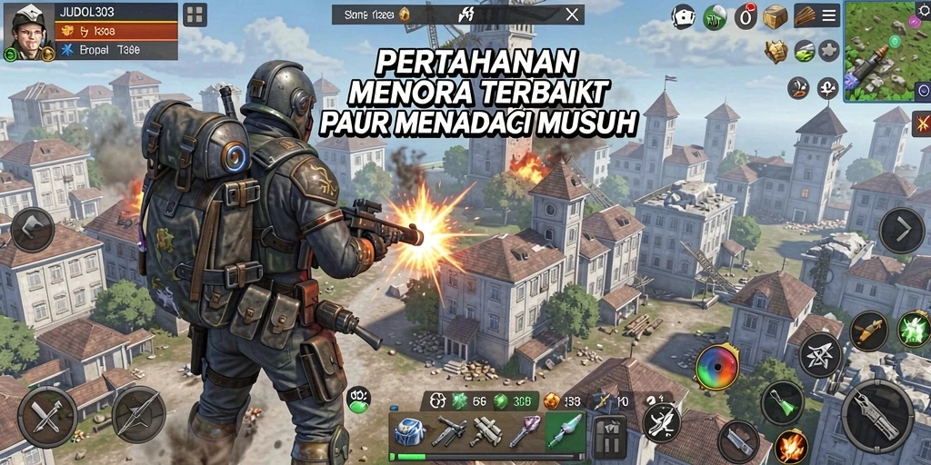 Screenshot gameplay JUDOL303 dengan menara yang siap untuk bertahan dari serangan musuh.