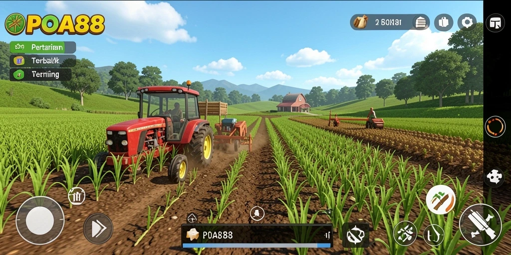 Screenshot gameplay POA88 menampilkan lahan pertanian yang subur dan tanaman yang beragam.