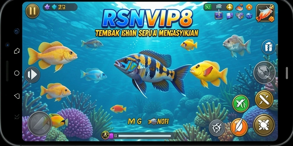 Screenshot gameplay RSNVIP8 yang menunjukkan aksi menembak ikan.