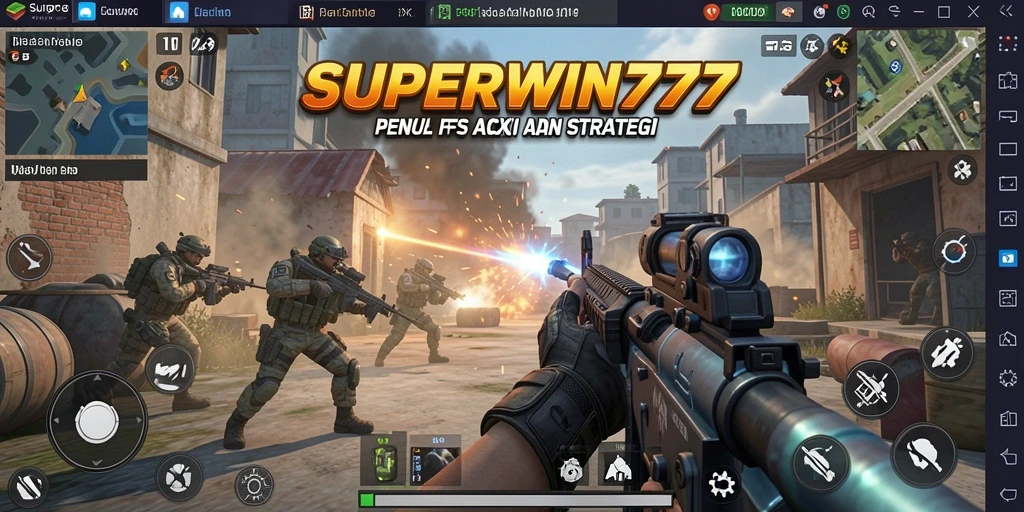 Screenshot SUPERWIN777 menampilkan aksi intens dalam pertempuran FPS.